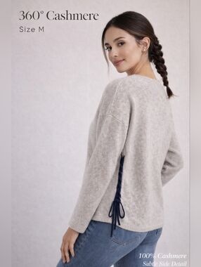 360 Cashmere V-Neck Sweater 100% Cashmere Beige Side Detail Size M